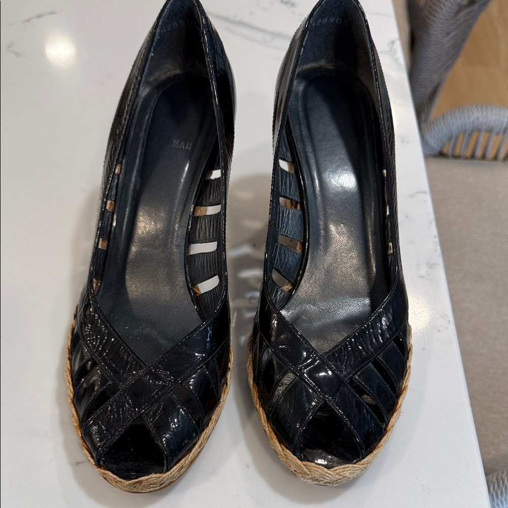 Stuart Weitzman: Black Patent Woven Peep-Toe Espadrille Wedge - Women's